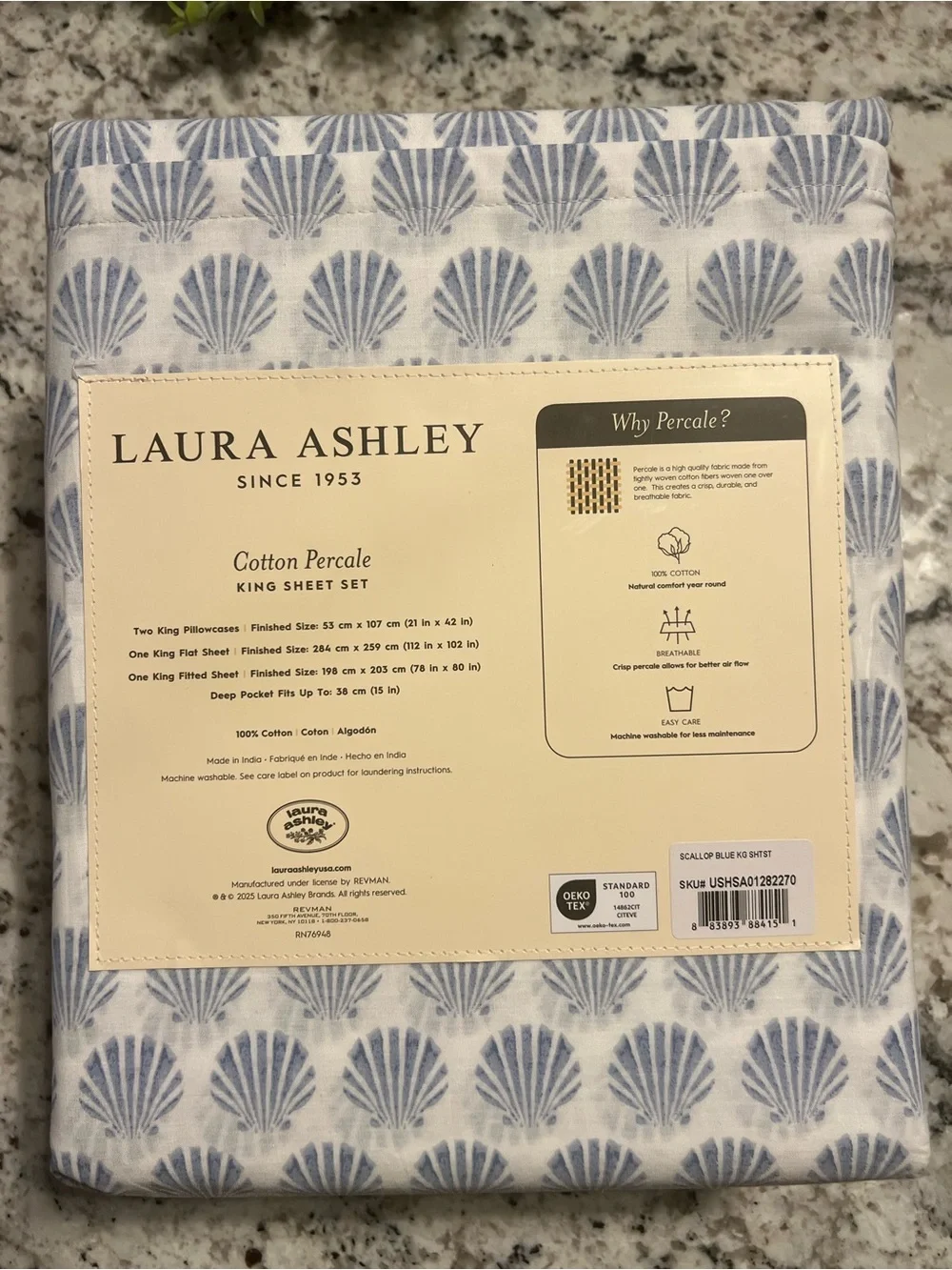 Laura Ashley Scallop Blue Shell Cotton Percale King Sheet Set